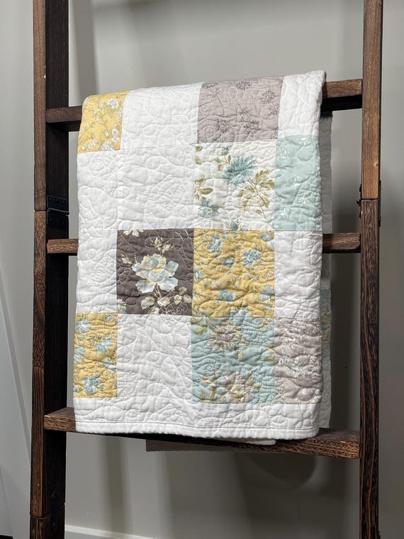 Handmade Sage, Yellow & Brown Floral Patchwork Baby Quilt