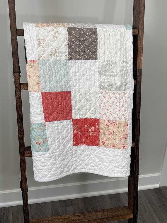 Handmade Soft Floral & Solid Neutral Patchwork Baby Quilt – Modern Farmhouse Style