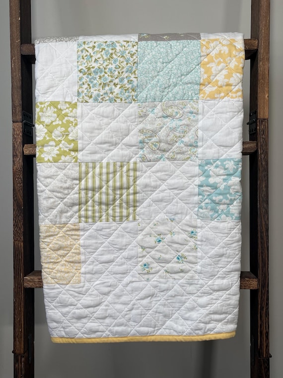 Handmade Vintage Inspired Yellow Trimmed Floral Patchwork Baby Quilt