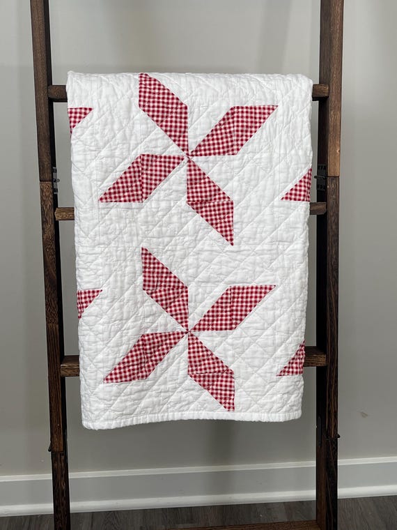 Handmade Classic Red Gingham Pinwheel Baby Quilt - Farmhouse or Vintage Style Throw