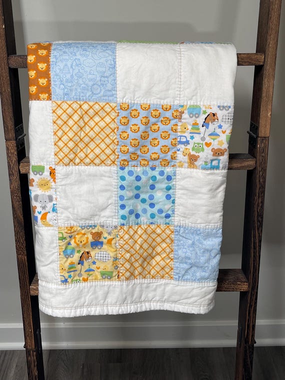 Charming Handmade Patchwork Baby Quilt – Safari Animals & Pastels
