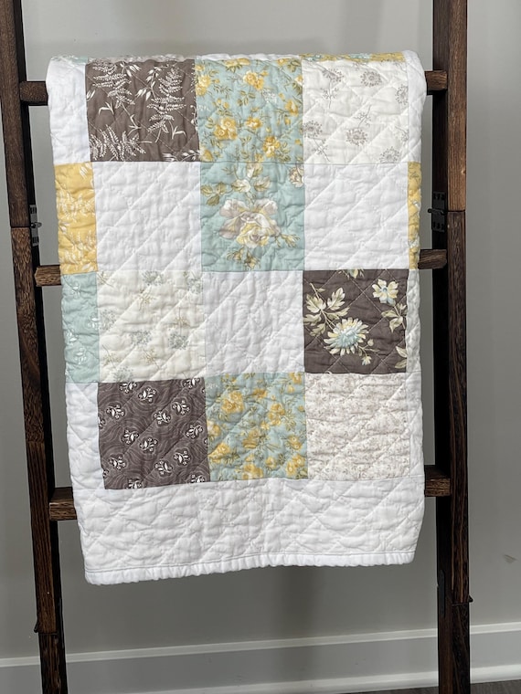 Handmade Sage, Yellow & Brown Floral Patchwork Baby Quilt - Gender Neutral Nursery Blanket