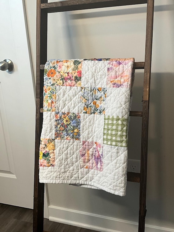 Handmade Floral and Gingham Patchwork Quilt
