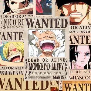 以下が含まれることがあります： 様々なアニメキャラクターが登場する「WANTED」ポスターのコラージュ。各ポスターにはキャラクターの肖像画、「WANTED」と「DEAD OR ALIVE」の文字、懸賞金額が記載されています。ポスターは茶色とベージュの色合いです。