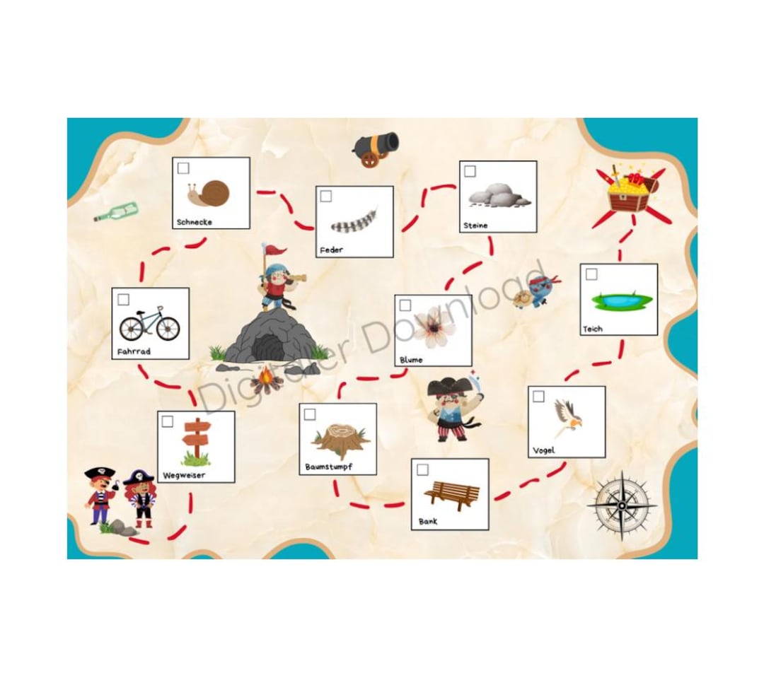 Pirate Treasure Map for Children, Treasure Hunt, Fill-in-the-blank Game ...