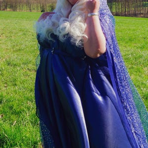 Könnte beinhalten: Eine Frau in einem blauen Kapuzenkleid mit einer weißen Kapuze und einer weißen Perücke. Das Kleid hat ein glitzerndes, funkelndes Muster. Sie steht auf einer grünen Wiese.