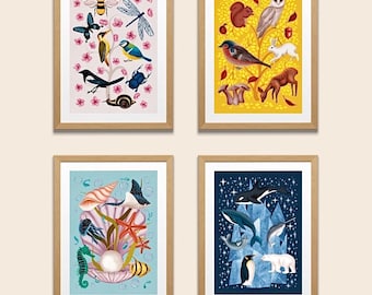 Four Seasons Animal Illustration Fine Art Prints: Nature Nursery Decor