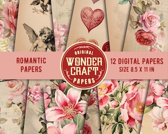 May include: Twelve digital papers featuring romantic floral patterns, cherubs, hearts, and vintage music sheet designs. The papers are 8.5 inches by 11 inches.
