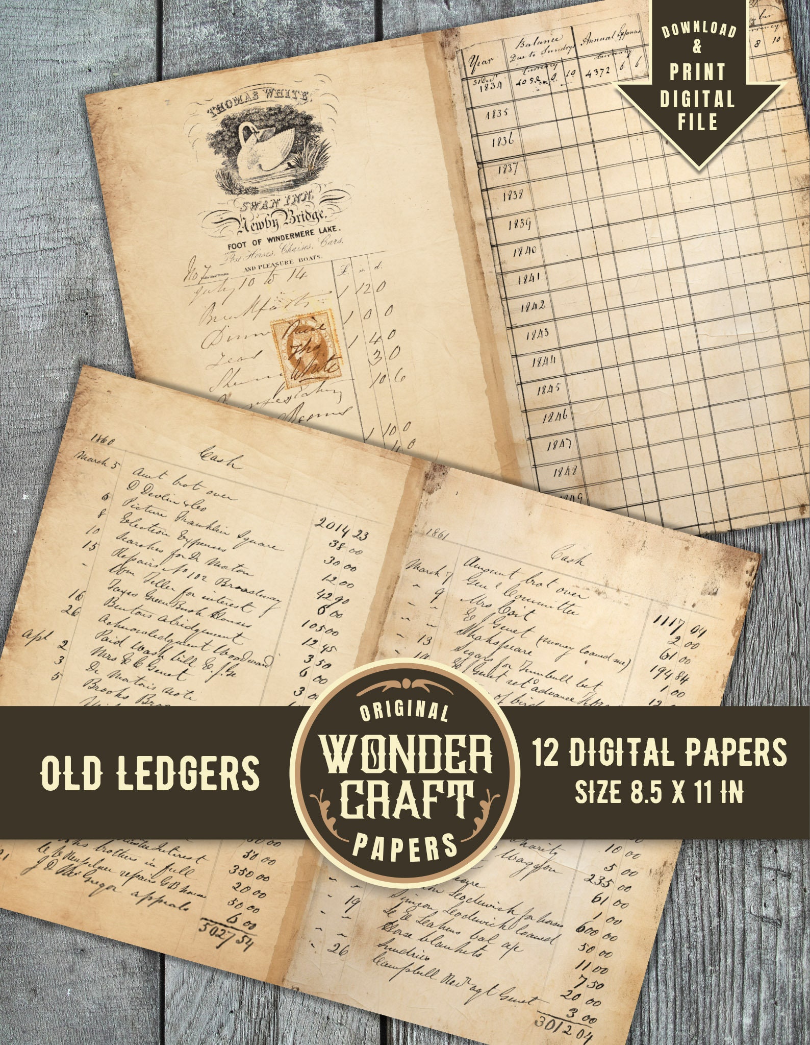 Scrapbook, Junk Journal Pages, Old Ledgers, Ledger, Letter Size, Papers