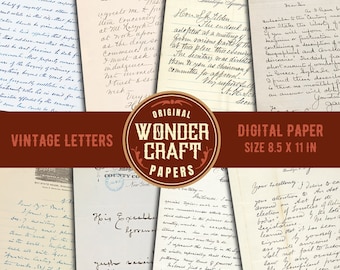 May include: A collection of vintage letter paper featuring handwritten text and a red banner with the words "Vintage Letters", "Original Wonder Craft Papers", and "Digital Paper Size 8.5 x 11 in".