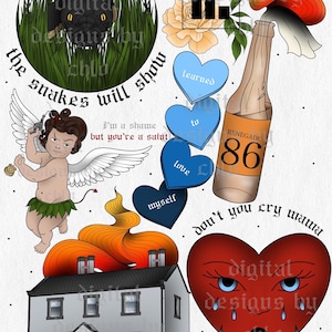 Puede incluir: Un diseño estilo tatuaje con una serpiente en la hierba, una botella con la etiqueta "RENEGADE 86", una casa en llamas, un corazón llorando y un cupido. El diseño incluye texto como "the grass is cut", "the snakes will show" y "nowhere to call home".