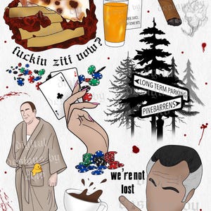 May include: A digital illustration of a set of tattoos featuring a variety of images, including a plate of ziti, a hand holding playing cards, a cup of coffee, a man in a robe, a man with a goatee, and a sign that says "Long Term Parking" and "Pinebarrens". The illustration is in a cartoon style and features bright colors.