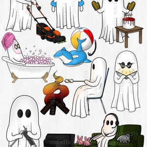 Könnte beinhalten: Eine Sammlung skurriler Geisterillustrationen. Ein Geist mäht den Rasen, ein anderer trägt eine Brille, und ein dritter ist Koch. Weitere Geister sind in einer Badewanne, rösten Marshmallows und stricken. Ein Geist schaut fern, und ein anderer sitzt auf einem Sofa.
