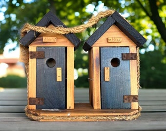 Two wooden bird feeder figure Handmade bird houses Hand pained outhouse birdhouse for porch Handmade Amish products