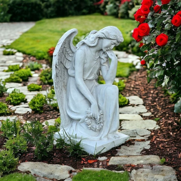 Angel on base Kneeling cherub Large angel Massive figure Outdoor decor Garden art Religious sculpture