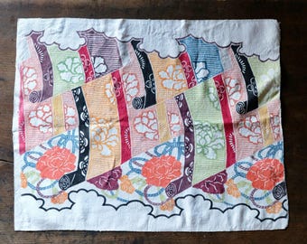 Vintage Japanese kimono silk textile Ryukyu Bingata okinawa Japanese peony fabric(b-18)