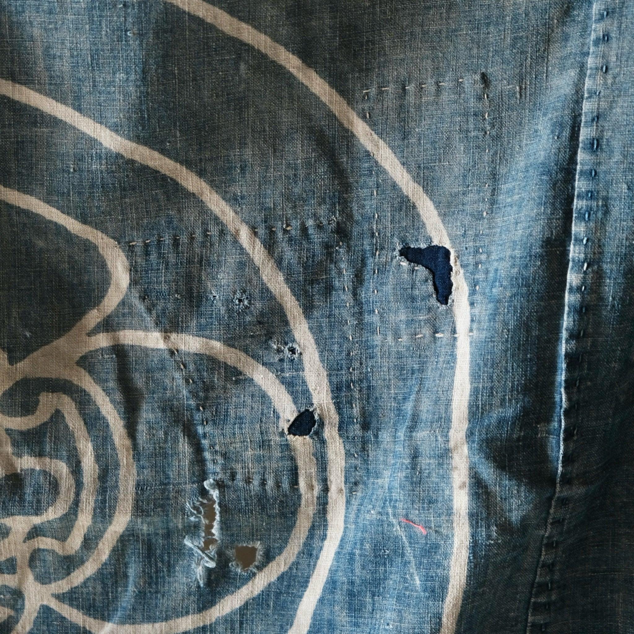 Vintage Japanese Furoshiki Boro Family Crest Indigo Dyed Textile