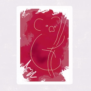 Pode incluir: Impressão artística minimalista com um desenho de linha branca de um coala num galho contra um fundo vibrante de aquarela vermelha e rosa. A obra de arte é apresentada numa tela retangular branca.