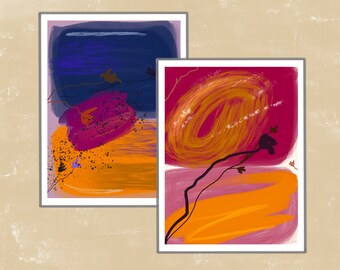 Set of 2 Prints - Fuchsia Orange Blue Urban Nature Wall Art - Ethereal Art Vibrant Colorful Floral Garden Print Office Home Room Decor Gift