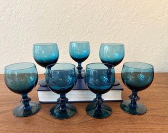 Mid-Century Set of 7 Vetrerie di Empoli Italian Blown Glass Teal Blue Balloon Stemmed Goblets(Small)