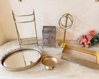 Vintage Brass & Gold Filigree Vanity Set – Hollywood Regency (6 Pieces)