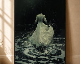 Pode incluir: Uma impressão de arte de parede emoldurada retratando uma figura vista por trás, vestindo um vestido branco longo e fluido enquanto caminha através de água escura e ondulante. A cena é definida contra um fundo preto profundo com salpicos.