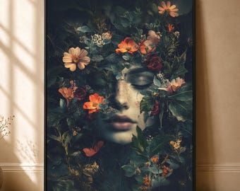 Dark Floral Portrait Wall Art, Moody Botanical Woman Print for Gothic Romantic Decor