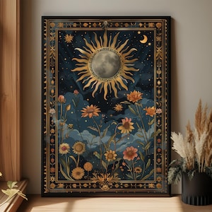 Vintage Sun Wall Art, Framed Moon & Celestial Prints, Boho Home Decor, Botanical  Floral Decoration for Dark Cottagecore Vibes