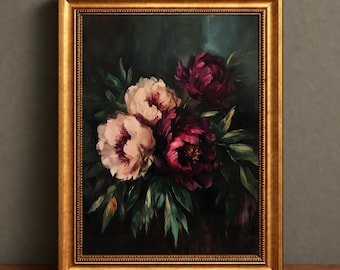 May include: An oil painting of a floral arrangement featuring light pink and deep burgundy peonies with dark green leaves, set against a dark, moody background. The artwork is encased in a decorative, ornate gold-toned rectangular frame.