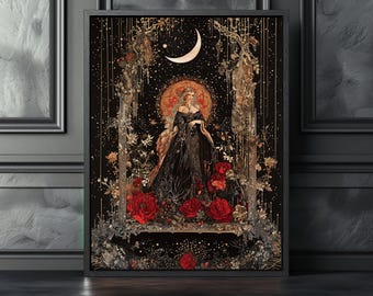 Gothic Moon Goddess Canvas: Victorian Witchy Woman Art