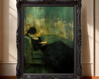 Vintage Moody Woman Portrait - Emerald Green Art Print, Dark Academia Decor & Victorian Antique Wall Art, Gothic Aesthetic