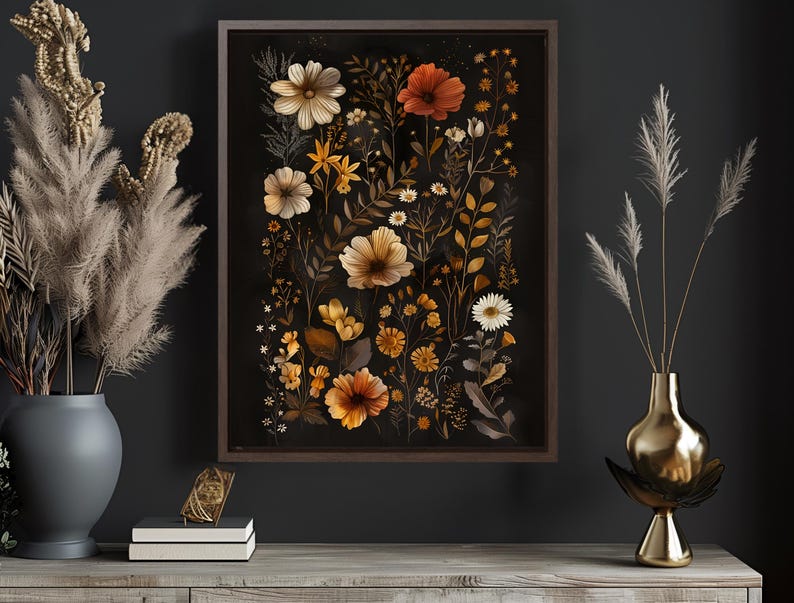 Dark Academia Floral Print Canvas Wall Art, Moody Floral Art & Vintage