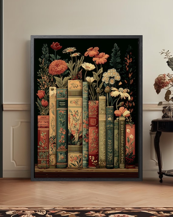 Dark Floral Vintage Library Art Print, Moody Botanical Bookshelf Wall Art