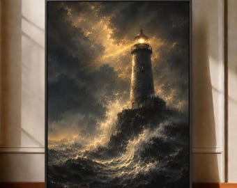 Lámina decorativa de faro con tormenta, escena dramática de olas del océano, faro dorado, decoración náutica costera, póster de paisaje marino melancólico, cielo tormentoso