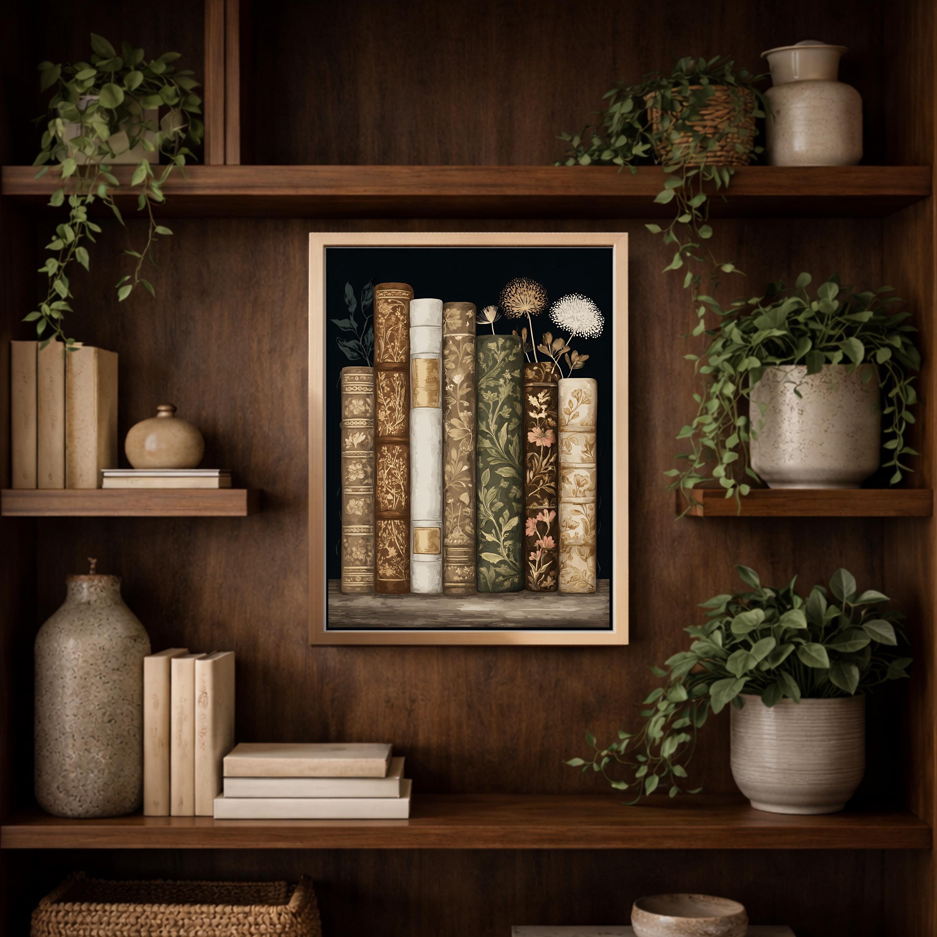 Vintage Floral Library Canvas Print, Neutral Tone Book Lover Wall Decor ...