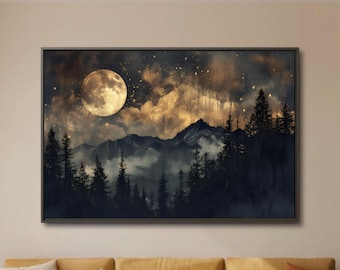 Moody Moonlit Forest Canvas Art: Misty Mountain Night Scene