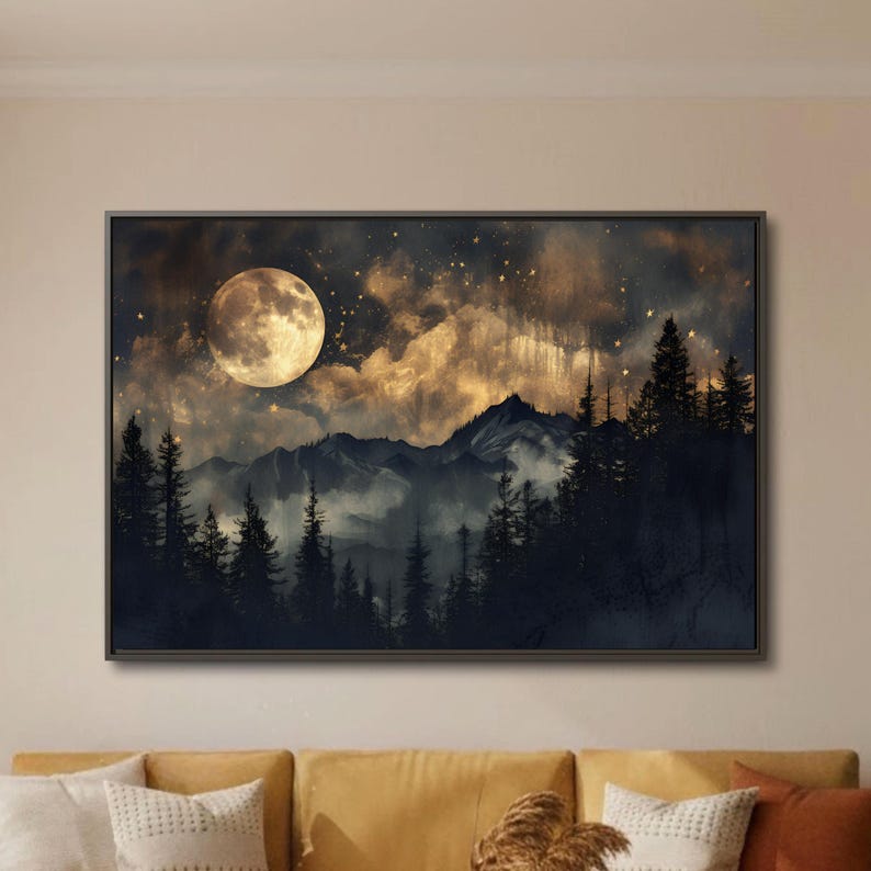 Lienzo con escena nocturna de montaña brumosa: Bosque iluminado por la luna imagen 1