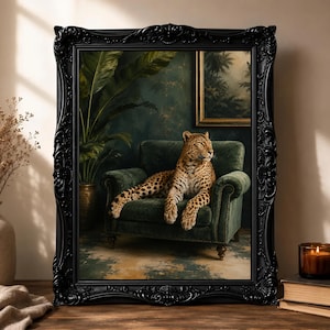 Leopardloungeporträtt, djungelrumsuttryck, smaragdgröna soffans djurlivsscener, tropisk djurinredning, lyxig maximalistisk inredningsaccent