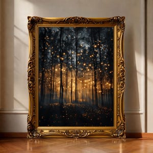 Enchanted Forest Firefly Art Print - Botanische muurkunst, landschap canvasdecoratie, kunstzinnig decor vuurvliegjes