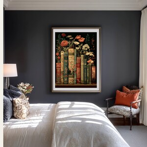 Dark Floral Vintage Library Art Print, Moody Botanical Bookshelf Wall Art image 6