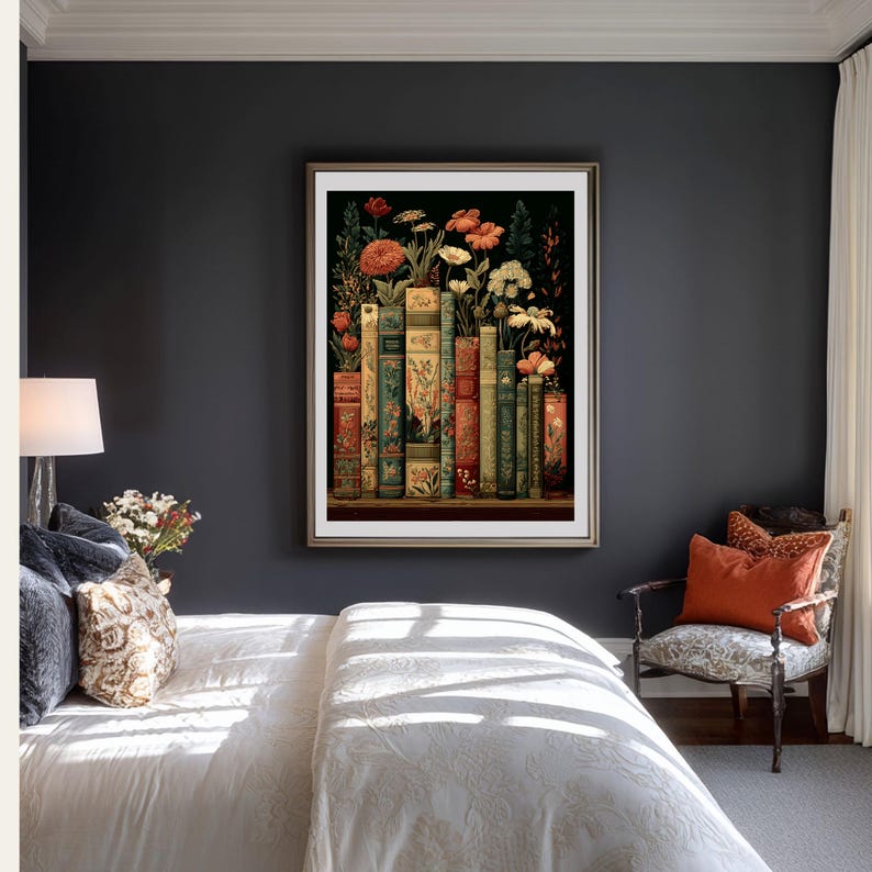 Dark Floral Vintage Library Art Print, Moody Botanical Bookshelf Wall Art image 6