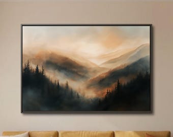 Moody Mountain Canvas Art: Misty Forest, Golden Hour Landscape