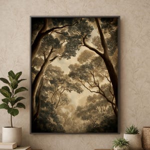 May include: A framed wall art print featuring a sepia-toned forest scene with dark tree trunks framing a lighter, misty canopy. The artwork displays dense foliage and branches reaching toward a soft, glowing center, creating a deep perspective.