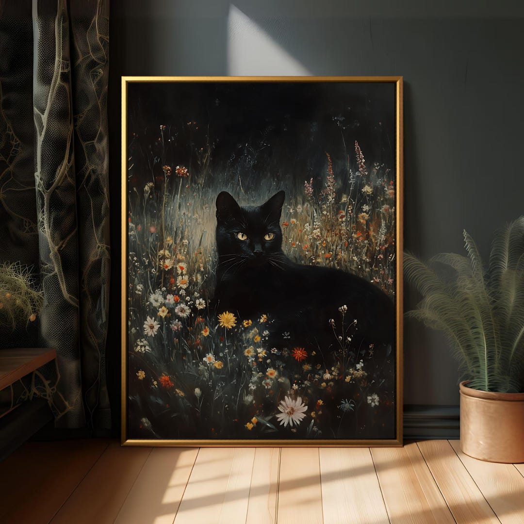 Moody Black Cat Print, Dark Academia Cottagecore Wall Decor, Gothic ...