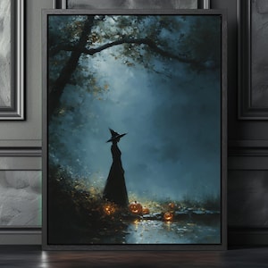 Gothic Forest Witch Print With Pumpkins | Dark Cottagecore Wall Art For October Vibes | Spooky Witchy Halloween Decor |