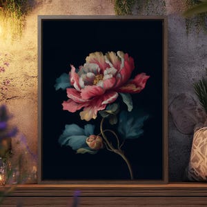 Dark Floral Wall Art, Peony Flower Print, Moody Botanical Artwork, Vintage Style Flower Poster, Elegant Floral Home Decor, Baroque Art Print