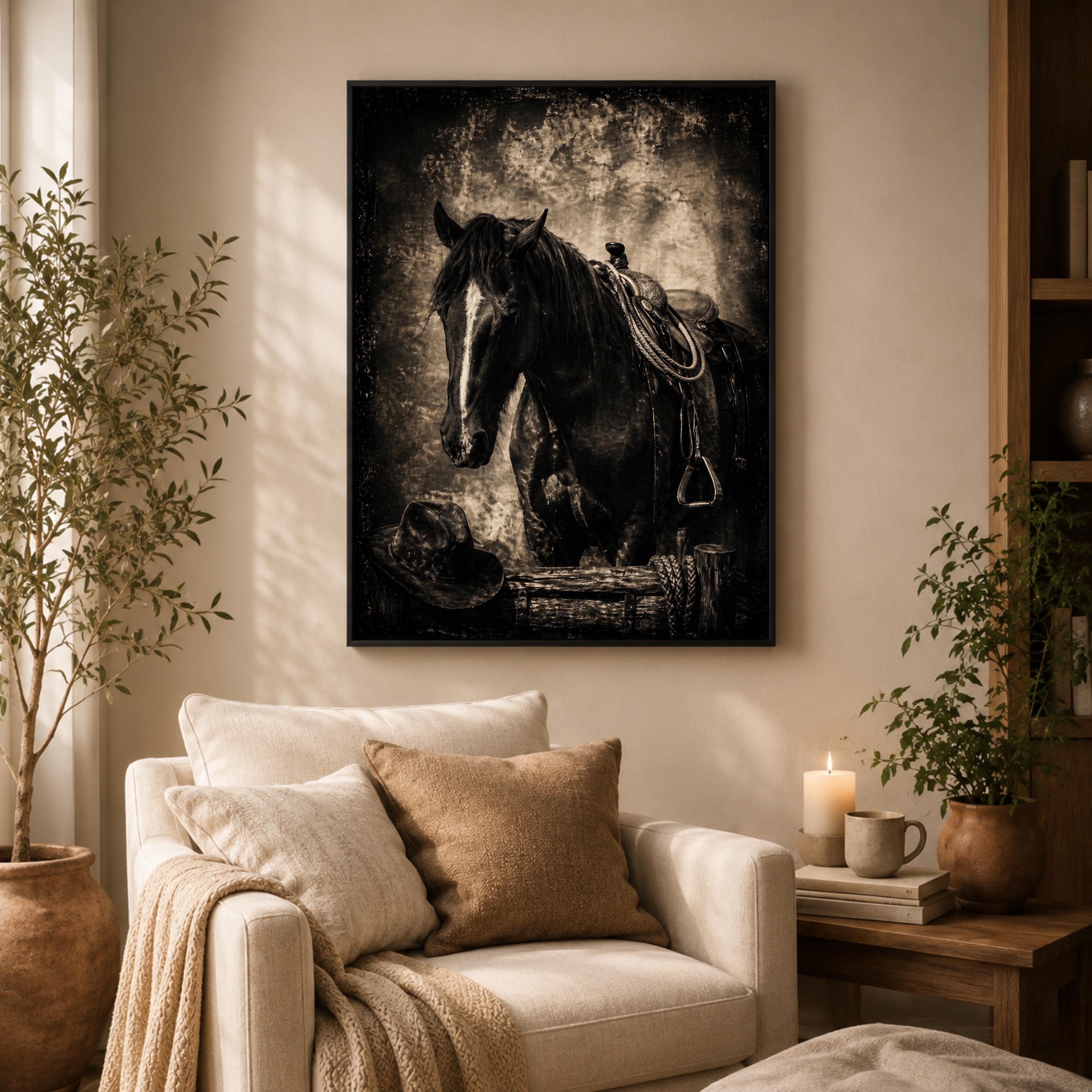 Rustic Western Black Horse Canvas, Cowboy Style Desert Wall Art - Etsy