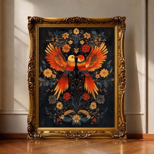 Mexican Wall Art, Vintage Framed Large Canvas, Botanical & Bird Print, Dark Art Bedroom Decor, Unique Housewarming Gift