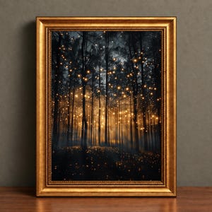 Enchanted Forest Firefly Art Print - Botanical Wall Art, Landscape Canvas Decoration, Artful Nature Fireflies Decor
