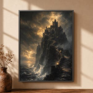 May include: A framed wall art print depicting a dark, towering castle perched atop a jagged cliffside overlooking a turbulent ocean. The scene features a winding stone path illuminated by small lanterns under a dramatic, cloudy golden sky.